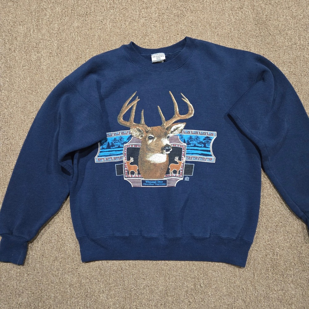 Lee Sweatshirt Mens L Navy Blue Whitetail Deer‎ Graphic Vintage Outdoor 90s Crew